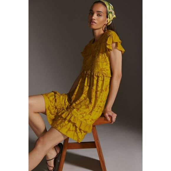 Anthropologie Playful Ruffle Knit Mini Dress Size Medium Mustard Yellow lined N1 - Picture 3 of 10